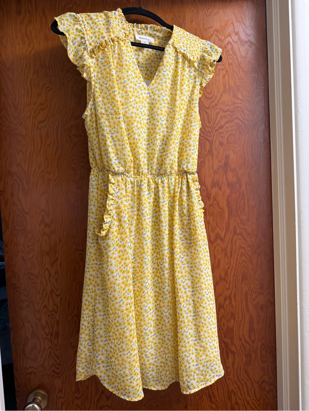 Monteau Yellow Floral Ruffle Sleeve Dress with pockets